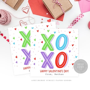 Étiquette-cadeau colorée XOXO pour la Saint-Valentin, imprimable étiquette-cadeau carrée lumineuse pour la Saint-Valentin, téléchargement immédiat, personnalisé pour salle de classe, Saint-Valentin Corjl