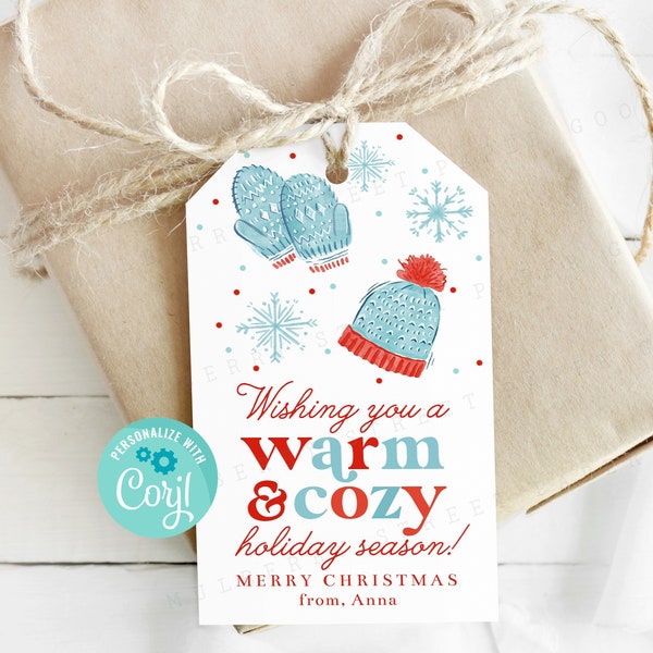 Printable Warm and Cozy Holiday Season Gift Tag, Christmas Favor Tag, Hat and Mittens Gift Tag, Edit with Corjl, Instant Download