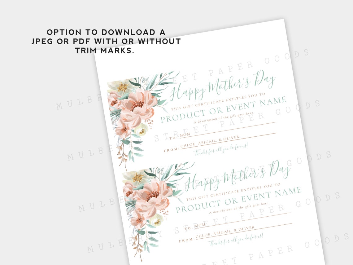 Printable Mother's Day Gift Certificate Template Editable | Etsy
