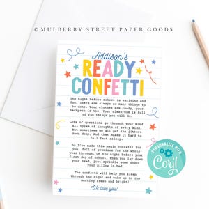 Carte imprimable confettis prête à l'emploi personnalisée téléchargement immédiat étiquette 1er jour d'école la veille de la première journée d'école cadeau étiquette de sac Corjl