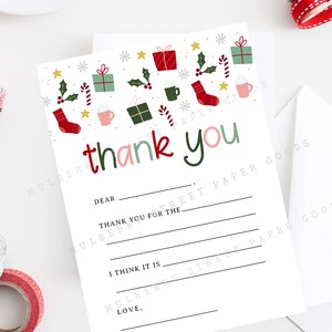 Druckbare Ausfüllen Weihnachten Dankeschön-Karte, Sofortiger Download 5x7 Weihnachten Dankeschön Note, Kinder Danke Briefpapier, PDF