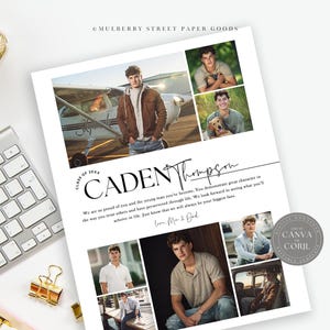 May include: A graduation announcement with a collage of photos of a young man. The announcement features the text "Class of 20XX CADEN Thompson" and a message from his parents.