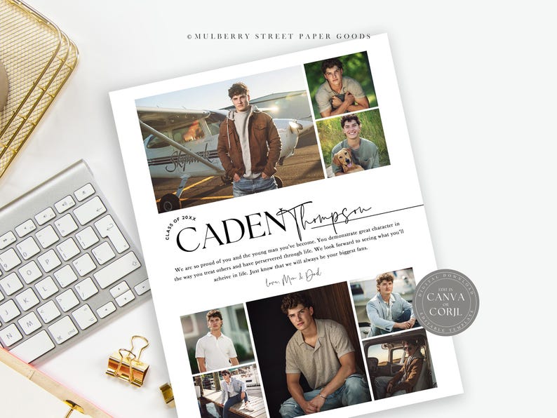 May include: A graduation announcement with a collage of photos of a young man. The announcement features the text "Class of 20XX CADEN Thompson" and a message from his parents.