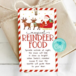 Etichetta con istruzioni stampabili per il cibo magico per renne di Babbo Natale, etichetta regalo modificabile per cibo magico per renne, slitta di Babbo Natale al Polo Nord alla vigilia di Natale