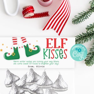 Adorno para bolsa de besos de elfo imprimible, adorno para bolsa de regalo de Navidad, besos de elfo de chocolate descargables, obsequio para fiesta navideña, personalice con Corjl