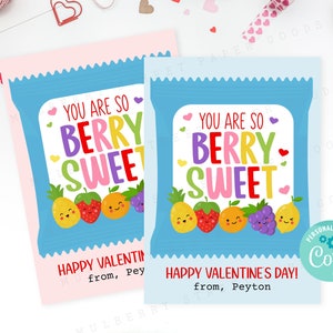 Carte de la Saint-Valentin collations aux fruits imprimable Berry Sweet Fruit Snack Carte de la Saint-Valentin en téléchargement numérique collation aux fruits salle de classe Saint-Valentin Corjl