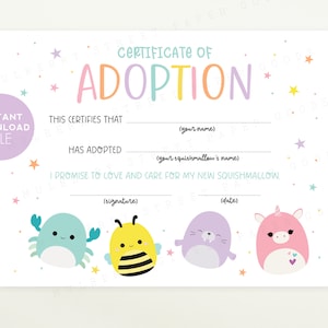 May include: A printable adoption certificate with the text "Certificate of Adoption" in colorful letters. The certificate includes spaces to fill in a name, a Squishmallow's name, and a signature. The design features cartoon characters and stars.