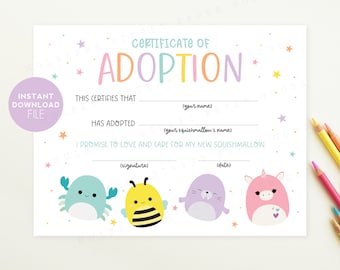 Instant Download Squish Toy Adoption Certificate Printable, Adopt a Squish Pillow Pet Certificate Printable, Squish Animal Adoption