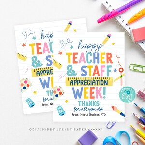 May include: Two square cards with colorful text that reads "Happy Teacher & Staff Appreciation Week!" with school-themed illustrations. The cards are surrounded by school supplies like pens, pencils, and paper clips.