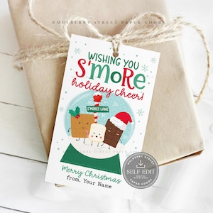 May include: A gift tag with the text "Wishing You S'More holiday cheer!" features a snow globe design with cartoon s'mores characters. The tag is tied to a wrapped gift with twine. The tag also says "Merry Christmas from. Your Name."