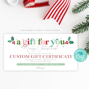 Plantilla de certificado de regalo de Navidad personalizado editable Vale de regalo de Navidad imprimible Certificado de regalo de fotografía Certificado de regalo de viaje Negocio Corjl
