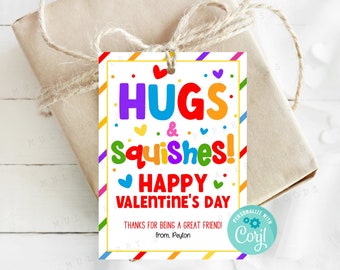 Printable Hugs and Squishes Valentine's Day Card Kids School Classroom Squishies Valentine Gift Tag DIY Edit with Corjl Instant Download