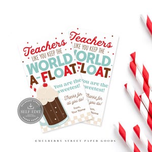 Puede incluir: Dos etiquetas de regalo imprimibles de agradecimiento a los profesores con una ilustración de helado y el texto "Teachers like you keep the world afloat". Hay pajitas a rayas rojas y blancas en el fondo. También hay un logotipo de autoedición.