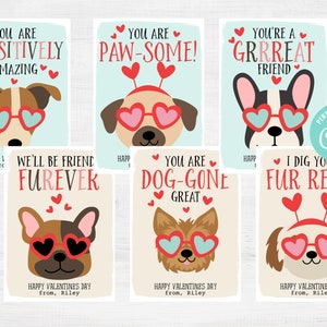 Printable Dog Valentine's Day Cards, Kids School Classroom Exchange Puppy Dog Valentine Cards, Instant Download,  Personalize with Corjl