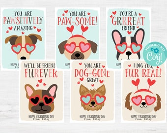 Printable Dog Valentine&#39;s Day Cards, Kids School Classroom Exchange Puppy Dog Valentine Cards, Instant Download,  Personalize with Corjl