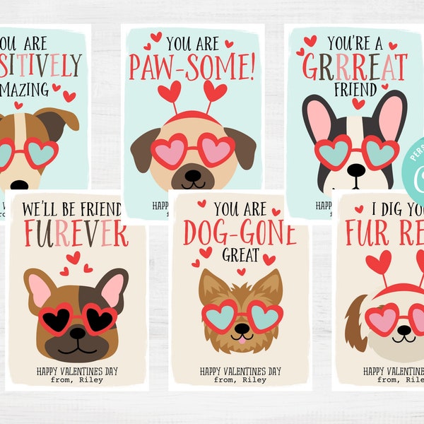 Druckbare Hunde Valentinstag Karten, Kinder Schule Klassenzimmer Austausch Hündchen Valentinstag Karten, Sofort Download, Personalisieren mit Corjl