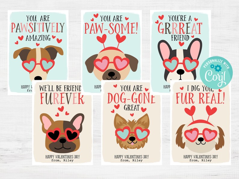 Instant Download Puppy Printable Valentine's Day Cards, Editable Classroom Valentine Cards, Dog Valentine  Cards, Editable with Corjl 