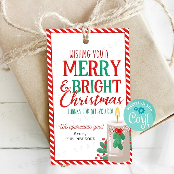 Editable Have a Merry and Bright Christmas Candle Gift Tag, All Text Editable Holiday Candle Instant Download, Teacher Client Secret Santa