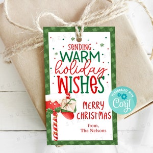 Druckbarer Versand Warmer Urlaub wünscht Geschenkanhänger, bearbeitbarer Weihnachtsgeschenkanhänger, Weihnachtspostfach-Geschenkanhänger, bearbeiten mit Corjl