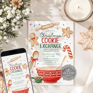 Pode incluir: Um convite para troca de biscoitos de Natal com ilustrações em aquarela de uma tigela vermelha, rolo de massa, batedor, boneco de gengibre, bengala doce e um biscoito de floco de neve. O texto diz: Join us for a Christmas Cookie Exchange.