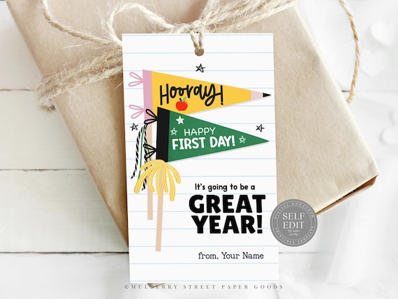 First Day Of School Gift Tag Printable Digital Download Back To School Tag Canva Template Class Gift For Teachers Cute Pennants Cookie Tag