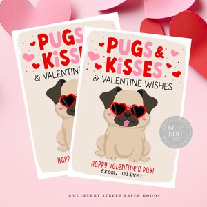 Tarjetas de San Valentín con besos y carlinos para imprimir Etiquetas de regalo de San Valentín con perros carlinos para el aula de los niños Personalizar con Corjl Descarga instantánea DIY