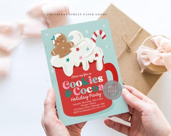 May include: A holiday party invitation featuring a red mug filled with whipped cream, a gingerbread person, and a candy cane. The invitation reads "Cookies & Cocoa Holiday Party" with event details. The invitation is held by a person.