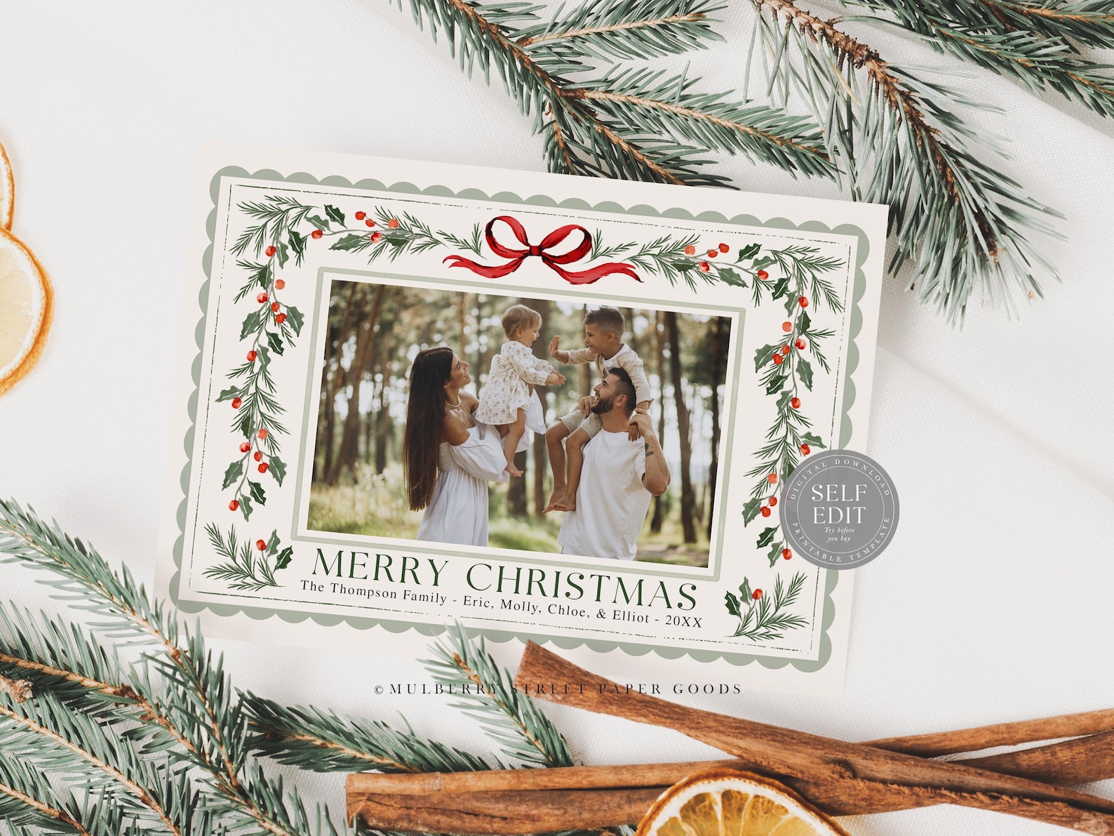 Editable Christmas Card Printable Digital Download Red Green Watercolor ...