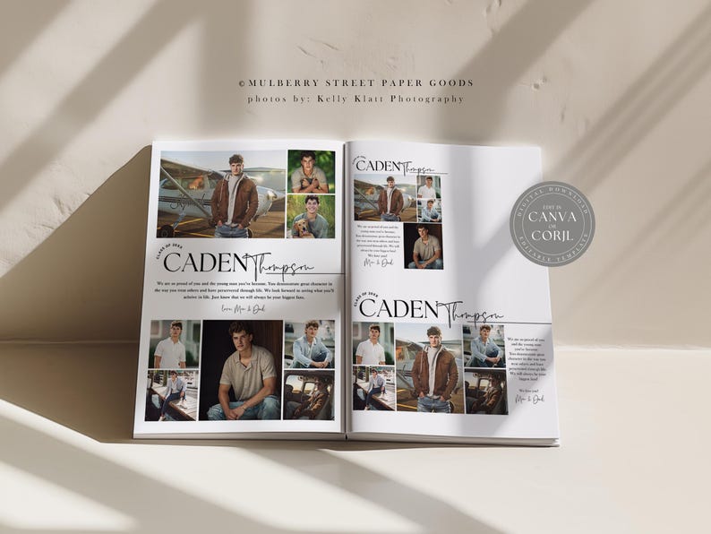 May include: A graduation announcement for Caden Thompson. The announcement features a collage of photos of Caden in a variety of settings, including a plane, a field, and a boat. The announcement also includes a quote from Caden's parents, "We are so proud of you and the strong man you've become. You demonstrate your character in the way you conduct your life and persevere through all trials. We look forward to seeing what you achieve in life.  Love Mom & Dad."