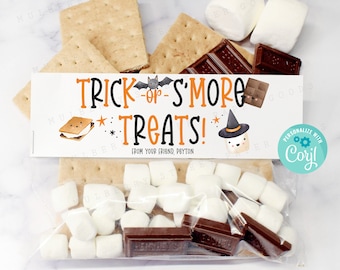 Printable Trick or S'mores Treat Bag Topper, Halloween S'more Treat Bag Printable, Personalize with Corjl, Instant Download