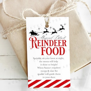 Wydrukuj Magical Blend Reindeer Food Tag, natychmiast pobierz etykietę żywnościową na Wigilię Bożego Narodzenia Reindeer, tradycyjne instrukcje posypywania żywnością Renifer