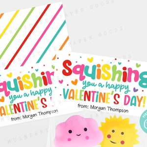 Printable Squishing You a Happy Valentine's Day Bag Topper, Kids Classroom Squish Toy Valentine Exchange, Personalize with Corjl Printable