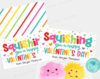 Printable Squishing You a Happy Valentine's Day Bag Topper, Kids Classroom Squish Toy Valentine Exchange, Personalize with Corjl Printable
