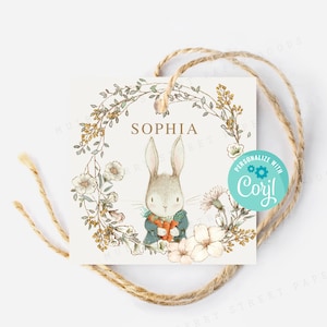 Etiqueta de presente de cesta de Páscoa para impressão, download instantâneo Etiqueta de cesta de coelho de Páscoa vintage, editável com Corjl, etiqueta de presente de lembrança de Páscoa