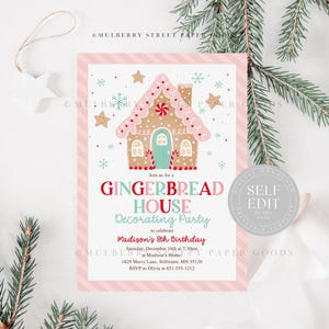Lebkuchen-Haus Dekorieren Party Einladung Vorlage Bearbeitbar Weihnachten Geburtstagsfeier einladen Rosa Weihnachten Digitaler Download Canva Corjl