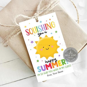 以下が含まれることがあります： 「Squishing you a happy SUMMER!」のテキストが入ったギフトタグには、笑顔の黄色い太陽とカラフルな星が描かれています。タグは紐で包まれたパッケージに付けられています。