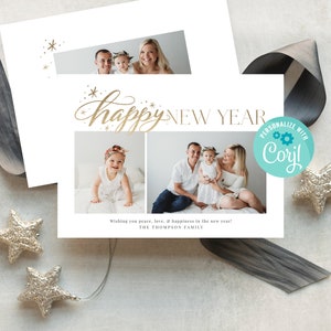Afdrukbare gelukkig nieuwjaarsfotokaart, instant download nieuwjaarskaart, gepersonaliseerde fotokaart bewerkbaar met Corjl,