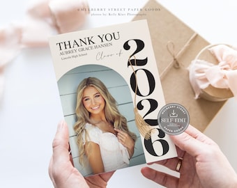 Editable Graduation Thank You Card Canva Template Graduation Photo Thank You Card Digital Download Class of 2026 Graduation Party Thank You