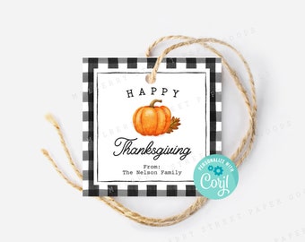 Printable Happy Thanksgiving Gift Tag, Farmhouse Plaid Thanksgiving Bag Tag, Personalize with Corjl