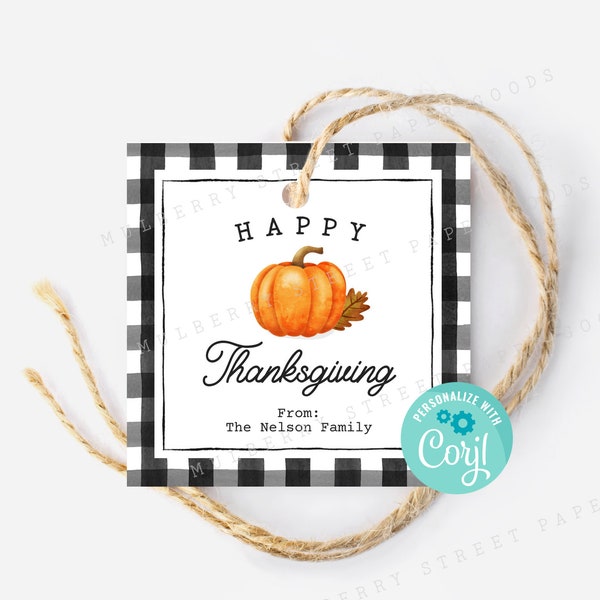 Printable Happy Thanksgiving Gift Tag, Farmhouse Plaid Thanksgiving Bag Tag, Personalize with Corjl