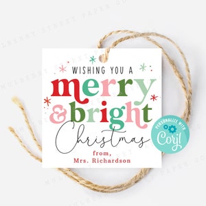 Printable Wishing You a Merry and Bright Christmas Gift Tag, Modern Christmas Party Favor Tag, Personalize with Corjl, Xmas Gift Tag