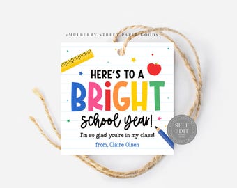 Op de afbeelding: Een vierkant cadeaulabel met een schoolthema. Het label heeft de tekst "Here's to a Bright School Year!" in kleurrijke letters, met een rode appel en een gele liniaal. Het label is vastgebonden met natuurlijk touw.