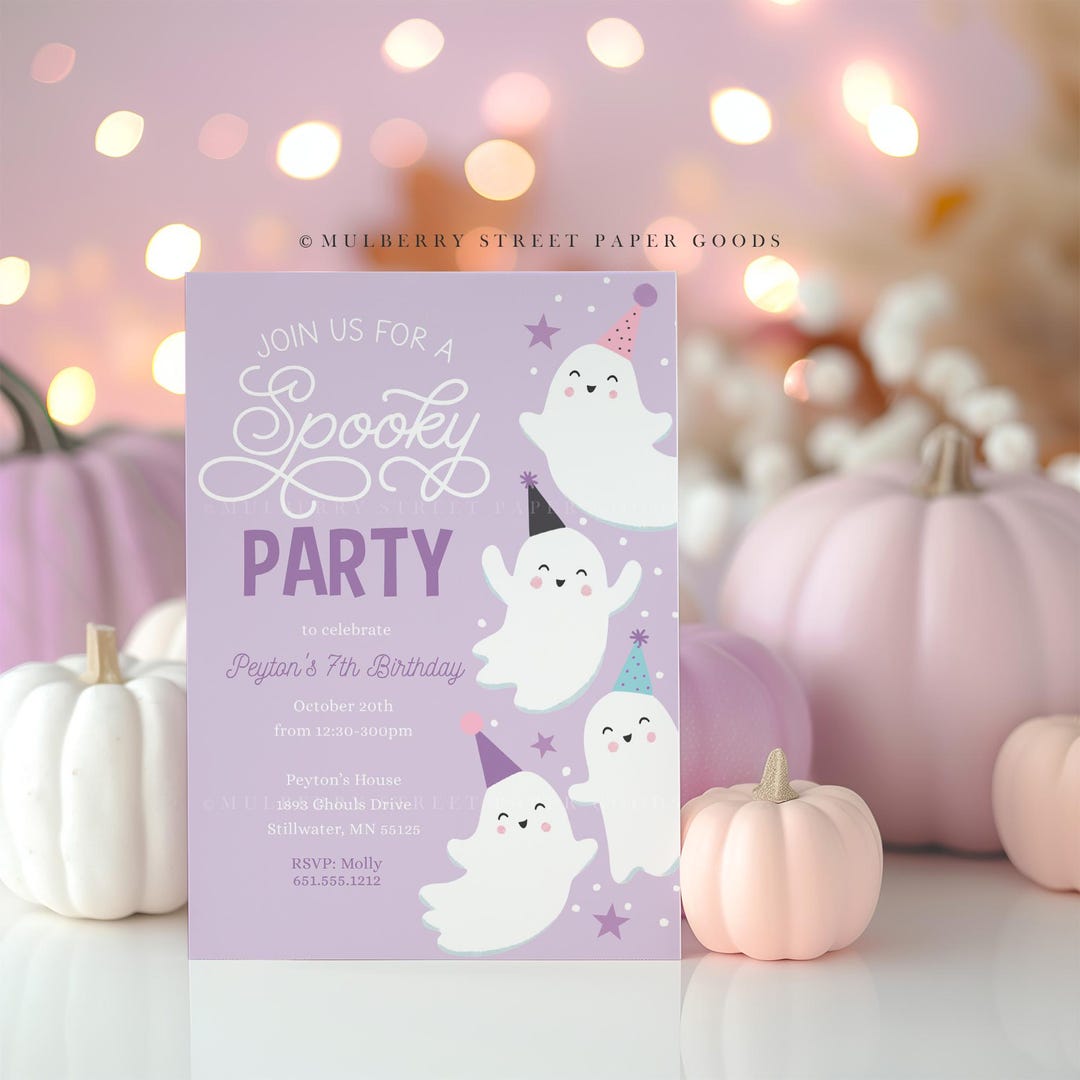 Editable Halloween Birthday Party Invitation Template Cute Ghost Pastel ...