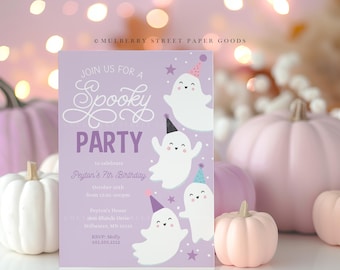 Sjabloon voor uitnodiging verjaardagsfeestje voor Halloween bewerkbare schattige Ghost Pastel Halloween-feestuitnodiging afdrukbare Halloween-verjaardag direct downloaden