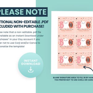 May include: A printable Halloween-themed template with a pink background and repeating designs. Each design features a ghost, spiderweb, and the word "BOO". The text "Here's a little treat for you! Happy Halloween" is also included. Additional text provides instructions for use.