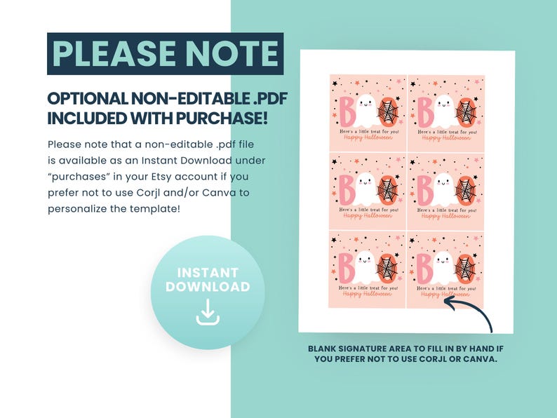 May include: A printable Halloween-themed template with a pink background and repeating designs. Each design features a ghost, spiderweb, and the word "BOO". The text "Here's a little treat for you! Happy Halloween" is also included. Additional text provides instructions for use.