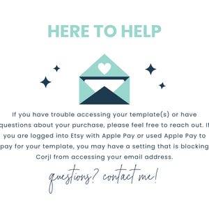 Op de afbeelding: Een digitale afbeelding met de tekst "HERE TO HELP" in turquoise. Een envelop-icoon met een hart is gecentreerd onder de tekst. De tekst hieronder geeft instructies over hoe u contact kunt opnemen met de verkoper. De woorden "questions? contact me!" staan onderaan.