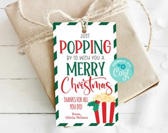 Printable Popcorn Merry Christmas Gift Tag, Just Popping By to Wish You A Merry Christmas Printable Tag, Personalize with Corjl