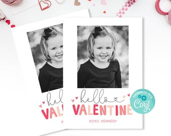 Printable Hello Valentine Classroom Photo Card, Instant Download Valentine's Day Card for School, Personalize with Corjl