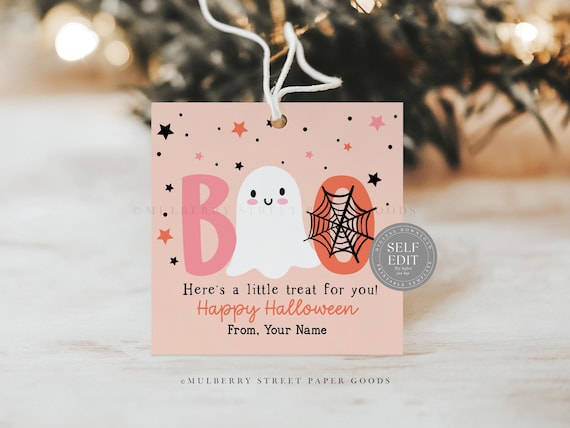 Halloween Stickers Digital Download Printable Canva Template Ghost Boo Basket Square Halloween Gift Tag Instant Download Corjl Template